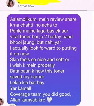 WhatsApp message from a customer sharing a positive review of the COVERAGE Rice and Milk Toner