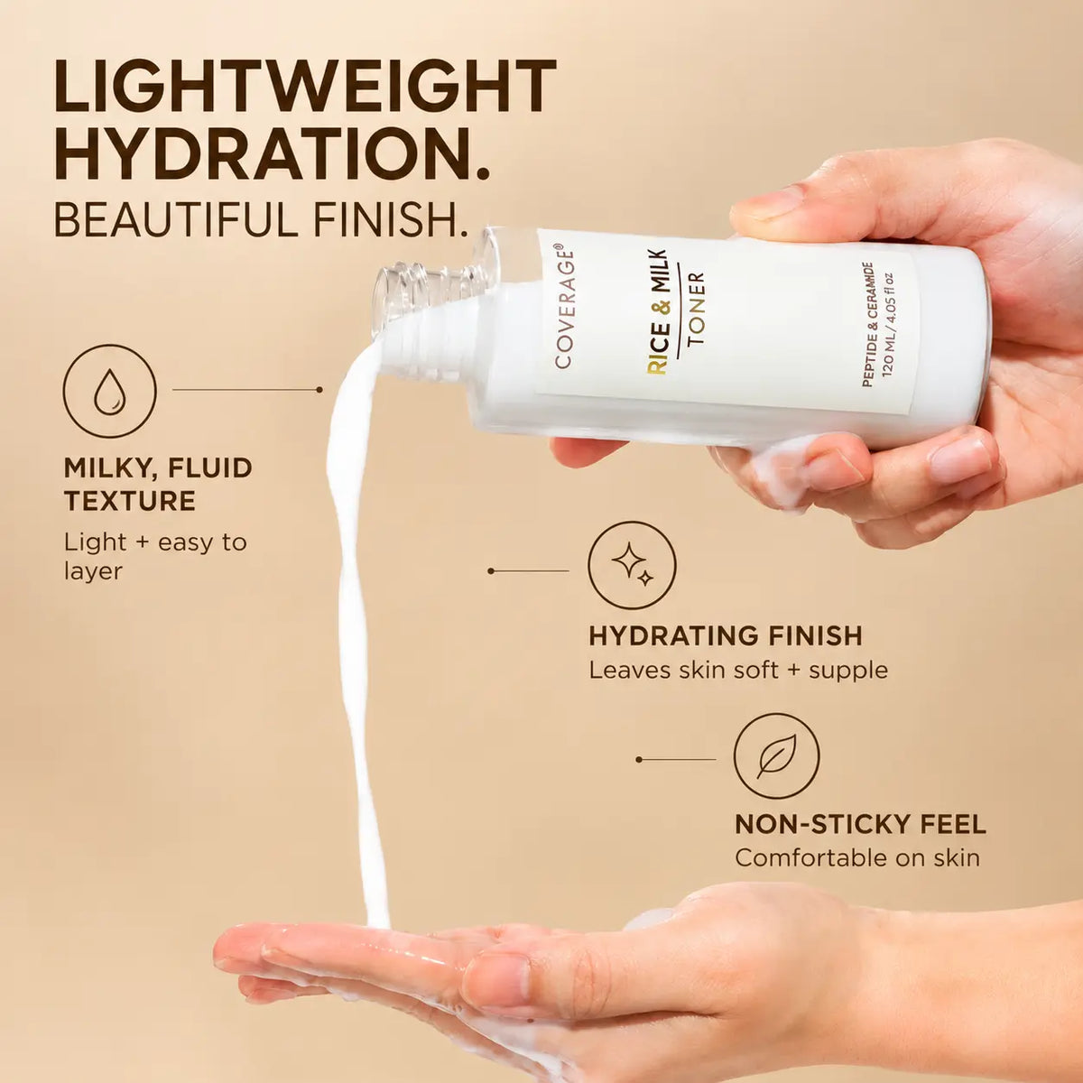 COVERAGE Rice & Milk Toner milky lightweight texture — non-sticky hydrating ceramide toner for glass skin in Pakistan