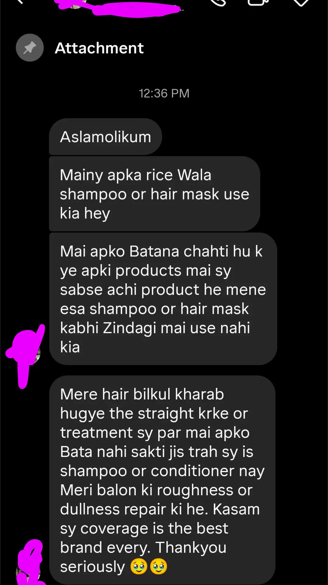 Customer Instagram message: COVERAGE rice shampoo and hair mask improved roughness and dullness after straightening damage