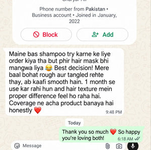 Customer WhatsApp message: rough, tangled hair now smoother after one month of COVERAGE Rice Silk Shampoo and Hair Mask