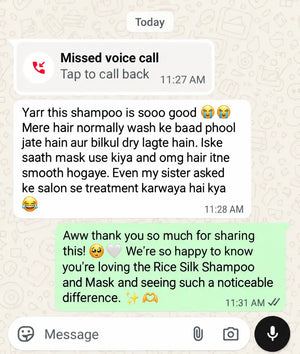 Customer WhatsApp message: hair smooth after COVERAGE Rice Silk Shampoo and Hair Mask, sister asked if it was a salon treatment