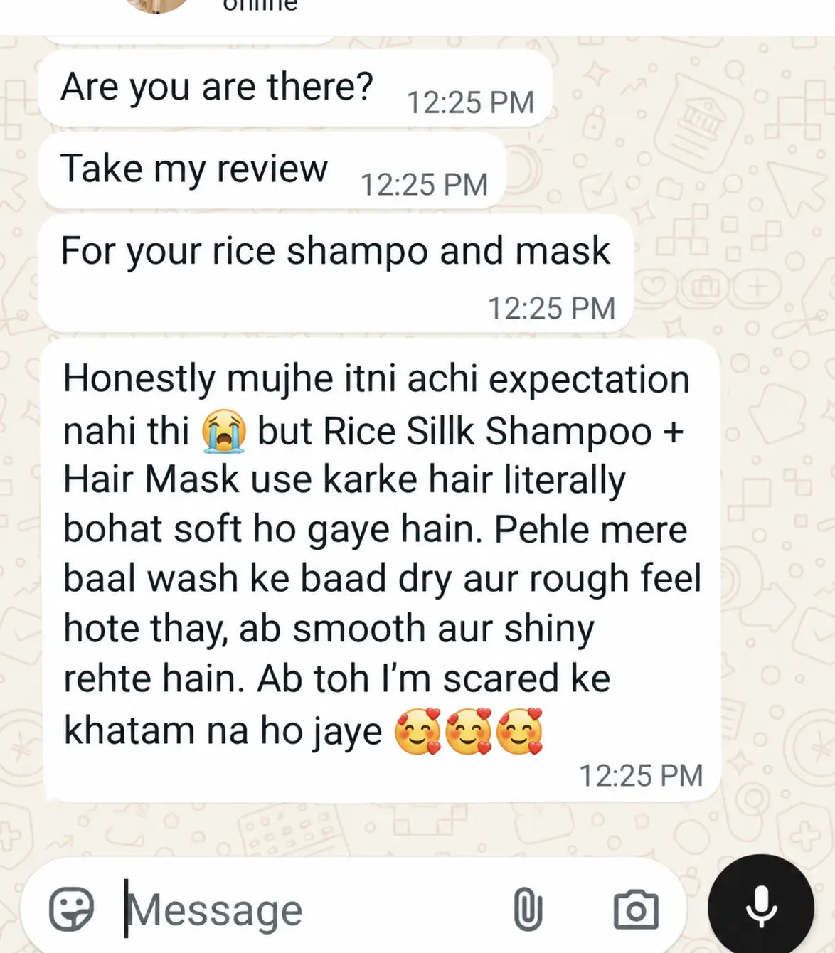 Customer WhatsApp message: hair soft, smooth and shiny after COVERAGE Rice Silk Shampoo and Hair Mask