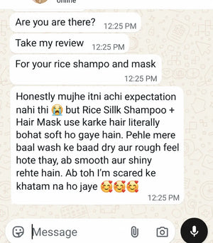 Customer WhatsApp message: hair soft, smooth and shiny after COVERAGE Rice Silk Shampoo and Hair Mask