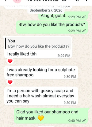 Customer WhatsApp message: liked COVERAGE Rice Silk Shampoo, was looking for a sulphate-free shampoo for greasy scalp