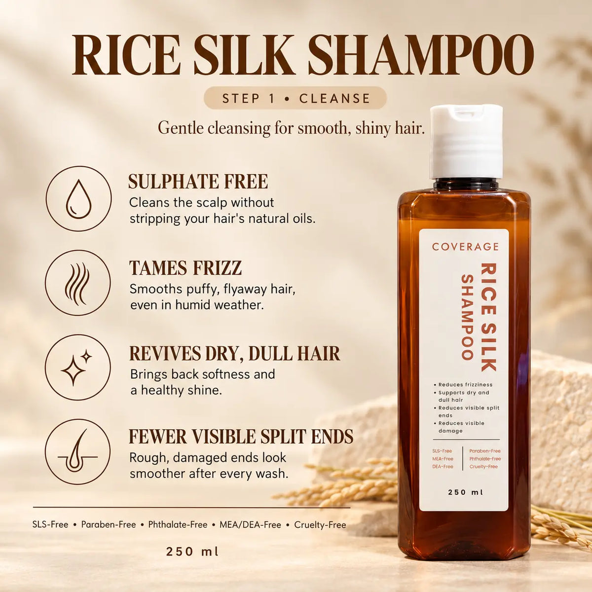 COVERAGE Rice Silk Shampoo 250ml Pakistan benefits - sulphate free, tames frizz, revives dry dull hair, fewer visible split ends; SLS, paraben, phthalate and MEA/DEA free