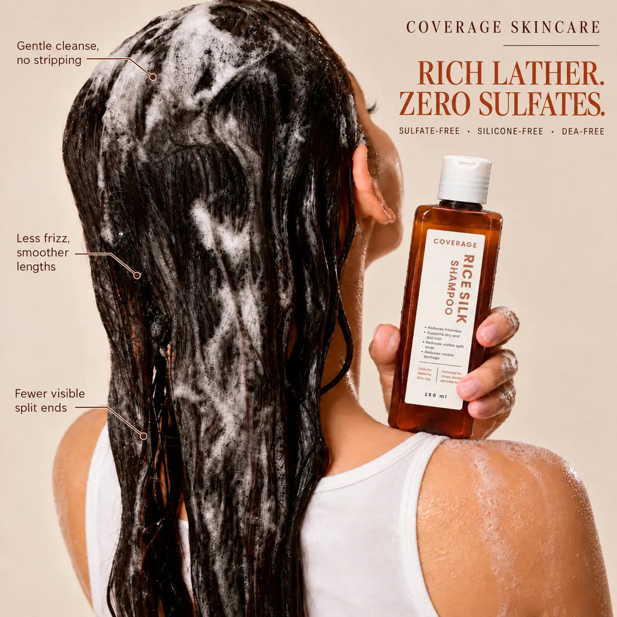 COVERAGE Rice Silk Shampoo Pakistan - rich lather sulphate free shampoo being massaged into hair
