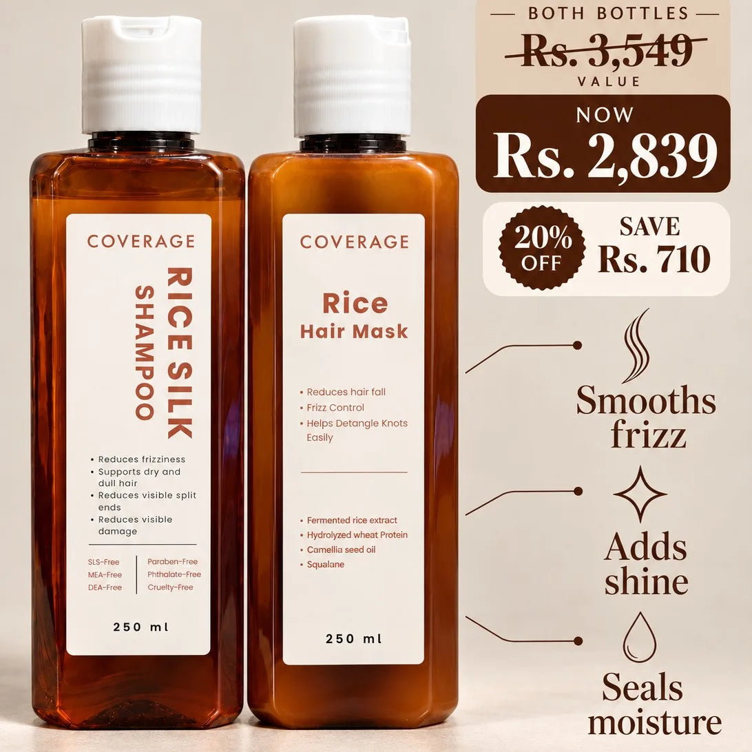 COVERAGE Shine & Silk Hair Duo Pakistan - Rice Silk Shampoo and Rice Hair Mask bundle offer for frizzy, dull hair
