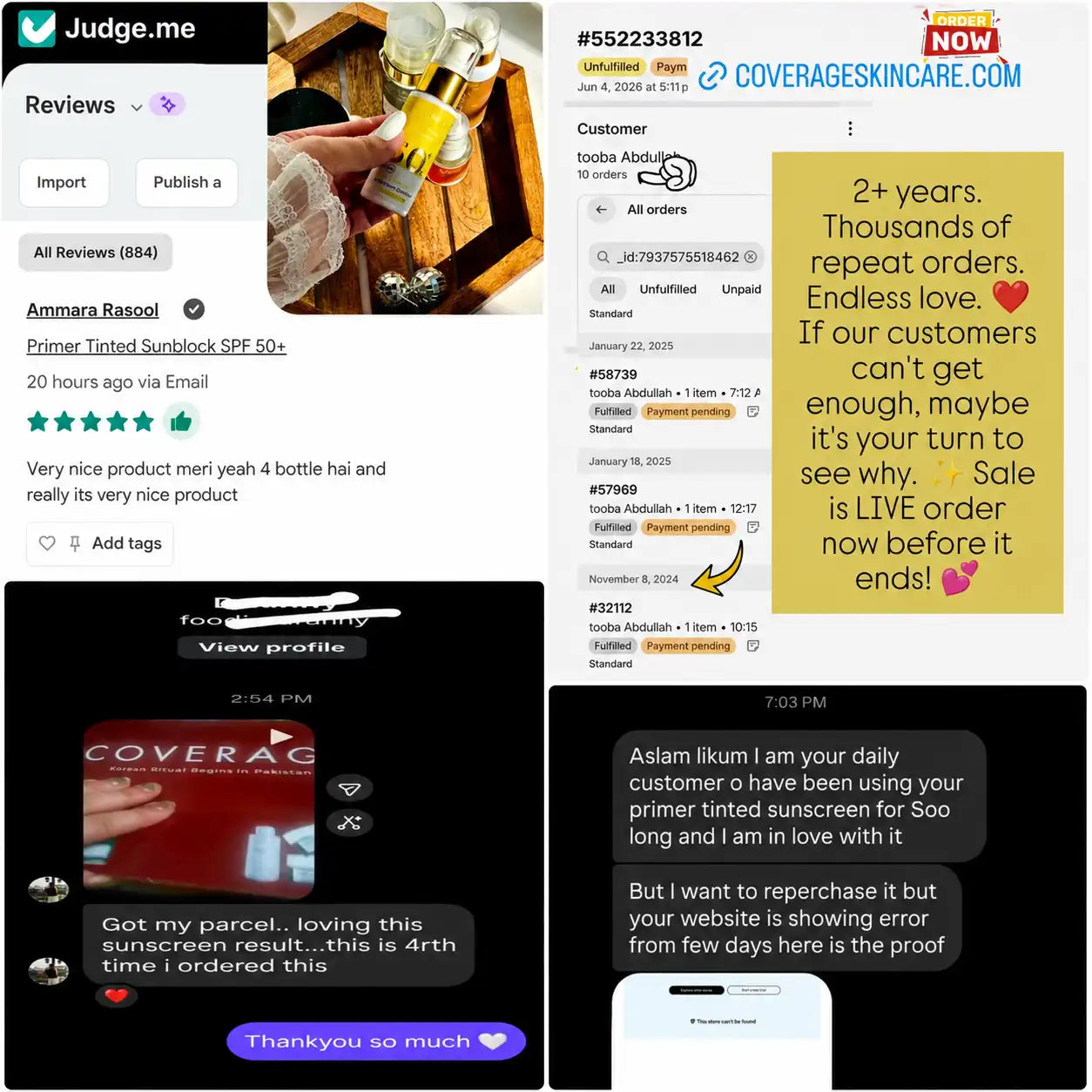 Judge.me verified five-star review and Shopify order history showing a COVERAGE customer with ten repeat orders