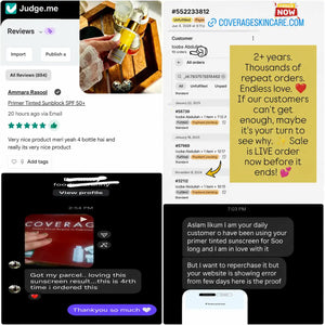 Judge.me verified five-star review and Shopify order history showing a COVERAGE customer with ten repeat orders