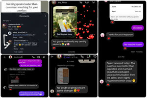 Instagram comments and DMs from COVERAGE customers reordering sunblock for the fifth and sixth time