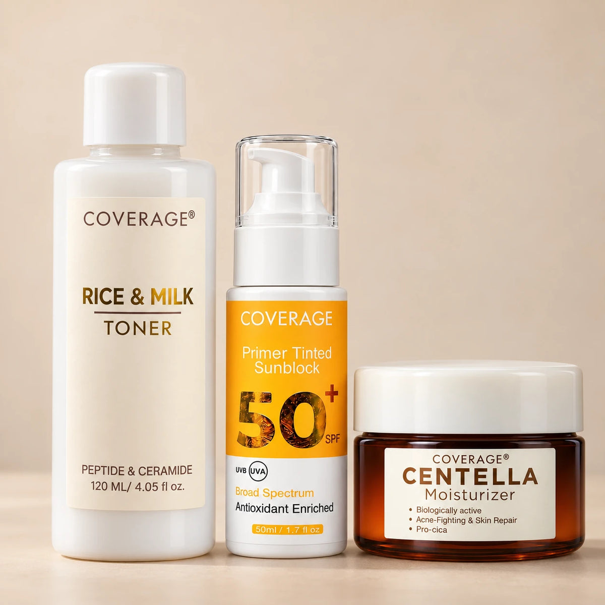 COVERAGE SKINCARE Repair & Protect Trio Pakistan - Rice & Milk Toner, Primer Tinted Sunblock SPF 50+ and Centella Moisturizer for damaged skin barrier, redness and sensitive skin