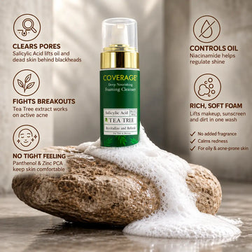 COVERAGE SKINCARE Deep Nourishing Foaming Cleanser 150ml Pakistan - salicylic acid and tea tree face wash for acne, keel muhase, blackheads and oily skin, clears pores without tightness, no added fragrance