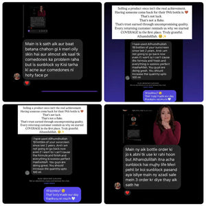 COVERAGE Skincare customer messages praising the tinted sunblock, including a buyer on her 19th bottle in two years