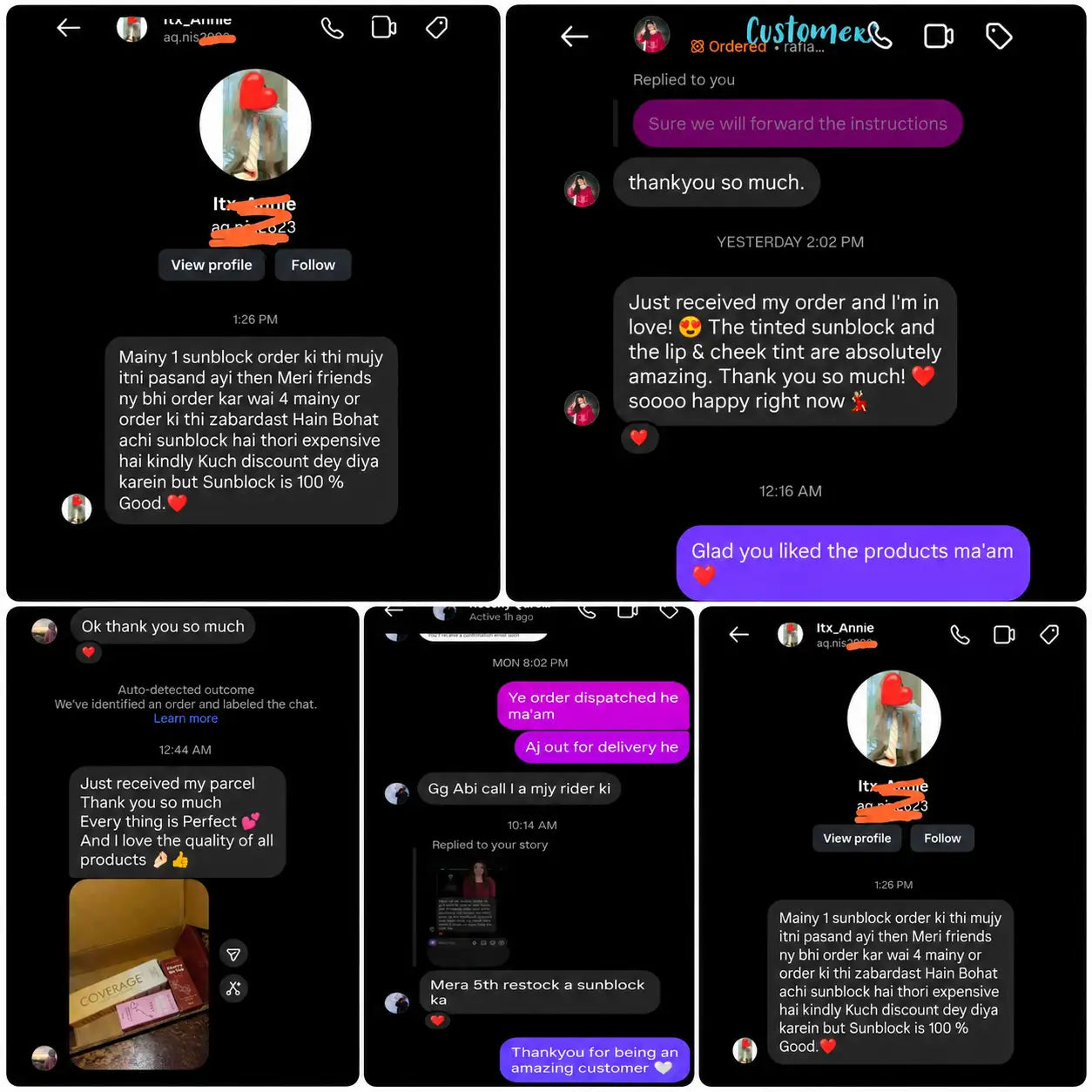 COVERAGE customer messages saying friends ordered after trying the tinted sunblock and lip and cheek tint